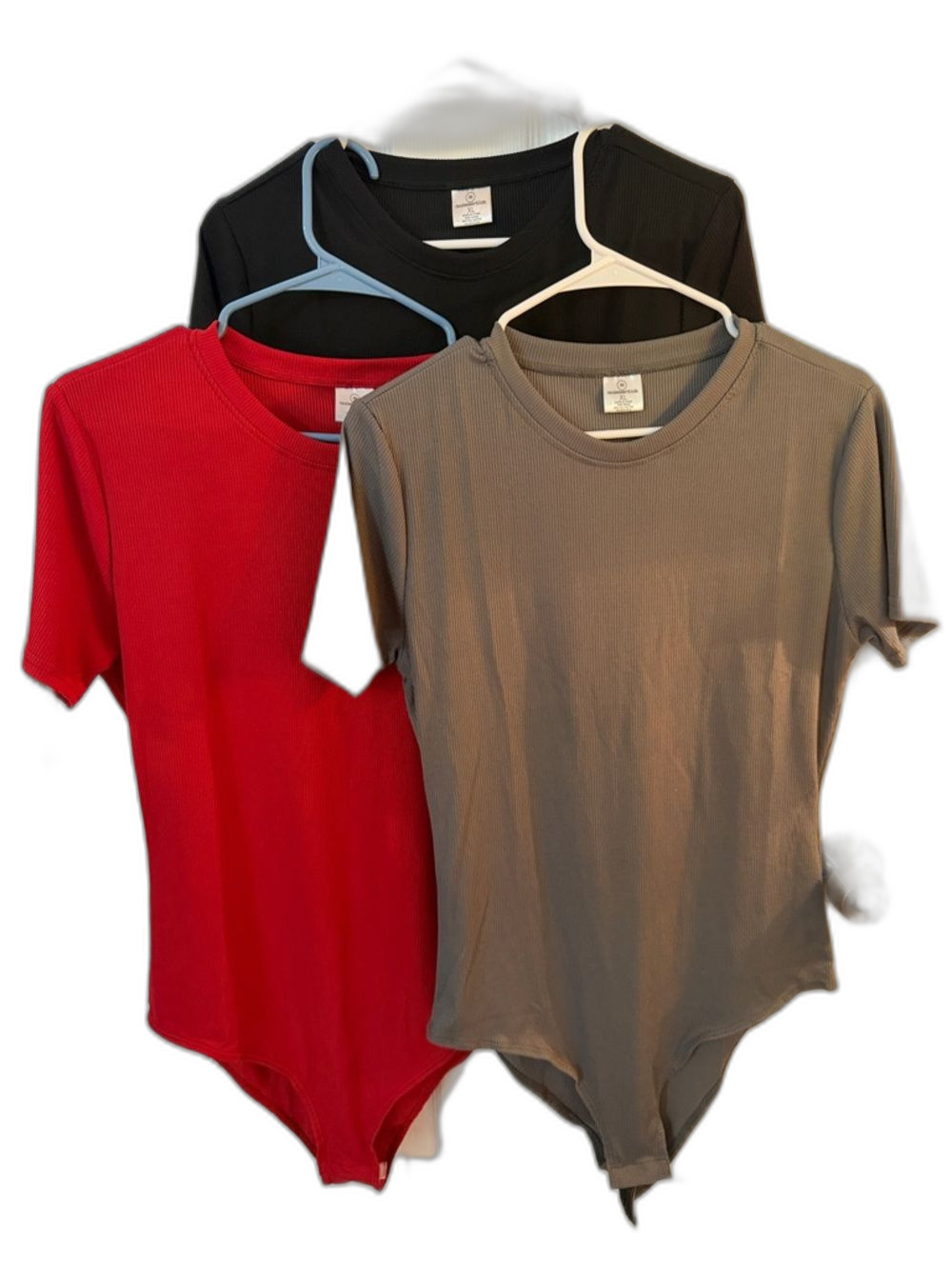 Realessentials Women’s Short Sleeve Ribbed Bodysuit Bundle-Red, Gray, Black- XL